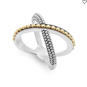 NWT Lagos Two-Tone X Criss Cross Beaded Caviar 18 Gold and Silver Ring SZ 8